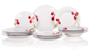 KOMPLET serwis OBIADOWY dla 6 osób CZERWONE MAKI BANQUET okrągłe talerze
