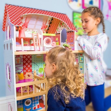 DUŻY DREWNIANY DOMEK dla LALEK +Meble +Basen + Led