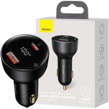 BASEUS ŁADOWARKA SAMOCHODOWA 1X USB-A 1X USB-C WYŚWIETLACZ LED PD QC 100W