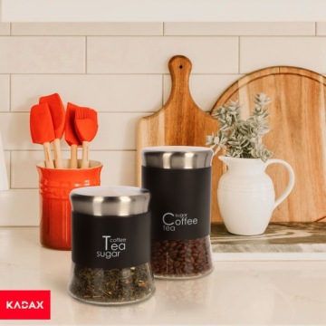 СТЕКЛЯННАЯ БАНКА ДЛЯ КОФЕ, ЧАЯ И САХАРА С КРЫШКОЙ, ЧЕРНАЯ, 1000 мл
