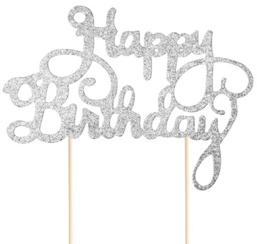 Topper na tort Happy Birthday kolor srebrny błyszczący