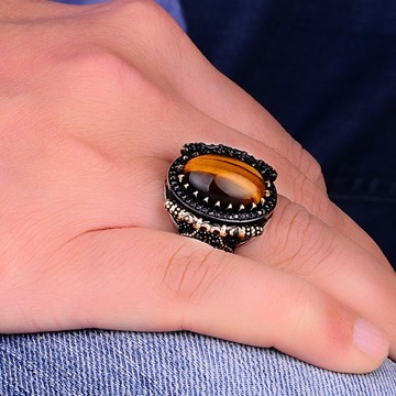 925K Natural Tiger's Eye Silver Men Ring, Turkish Handcrafted