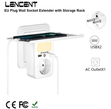ЛЕНЦЕНТ Зарядное устройство 2x USB A, розетка 4 кВт, с полкой/книжным шкафом, ночное освещение