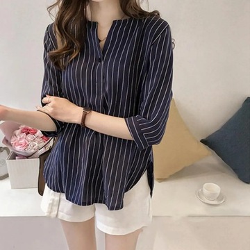 Women Shirt Striped Print V-neck 3/4 Sleeves V Nec