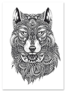 Plakat wilk w stylu boho czarnobiała ilustracja 40x50