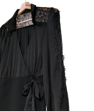 Czarna kopertowa Sukienka mini wstawki koronka 36