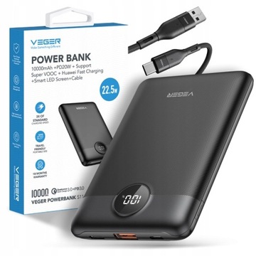 Powerbank VEGER S11 Bateria 10000mAh LCD Quick Charge PD 22,5W USB USB-C