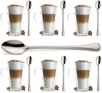 SZKLANKI 6 AMO 320 ml TERMICZNE KAWY LATTE HERBATY ŁYŻECZKI DŁUGIE AMEFA