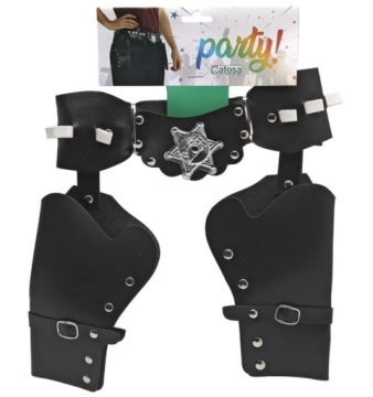 КОМПЛЕКТ КОВБОЙСКОГО НАРЯДА, ЧЕРНАЯ ШЛЯПА, БАНДАМА, КОБУРА, 2 РЕВОЛЬВЕРА + КЕПКИ.