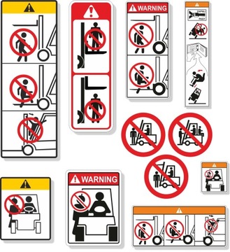 Наклейки с ПРЕДУПРЕЖДЕНИЯМИ по охране труда и технике безопасности для ВИЛОЧНЫХ ПОГРУЗЧИКОВ
