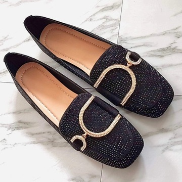 Czarne Buty Baleriny Loafersy Mokasyny Cyrkonie Ozdobne Klamerki 37