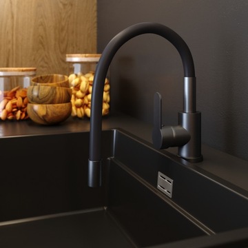 Смеситель для кухни GUN GREY, ЧЕРНЫЙ МЕТАЛЛИК, ГИБКИЙ ИЗЛИК, смеситель GRADO