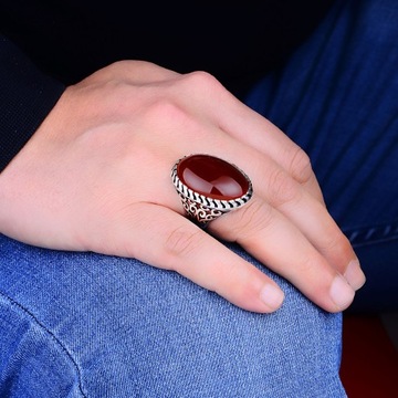 18 x 25 mm Natural Red Agate Men's Ring in Sterling Silver