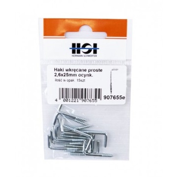 Haczyki wkręcane hak prosty 2.6x25mm 15 szt