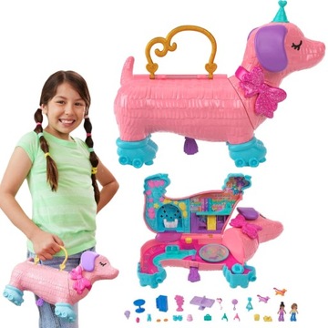 POLLY POCKET IMPREZKA PINIATA PIESKA + WALIZKA LALKI I AKCESORIA