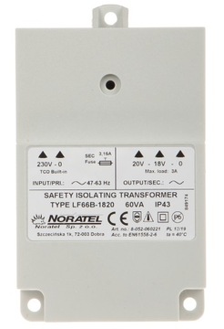 ZASILACZ NAPIĘCIA ZMIENNEGO 18 V AC 20 V AC TRANSFORMATOR SATEL LF66B-1820