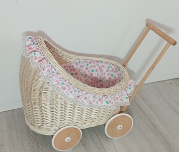 Плетеная кукольная коляска, толкатель, льняная, БЕЛАЯ