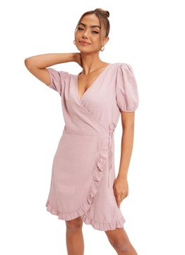 JDY różowa lniana sukienka mini z falbaną S 36