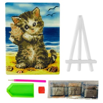 DIAMENTOWA MOZAIKA HAFT DIAMENTOWY 5D KOT NA PLAŻY NA SZTALUDZE 15X20CM