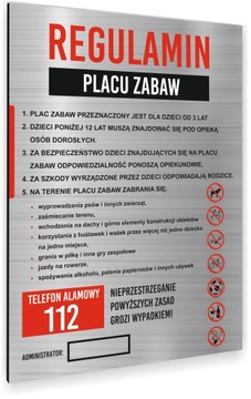REGULAMIN PLACU ZABAW TABLICZKA INFORMACYJNA ALUMINIOWA