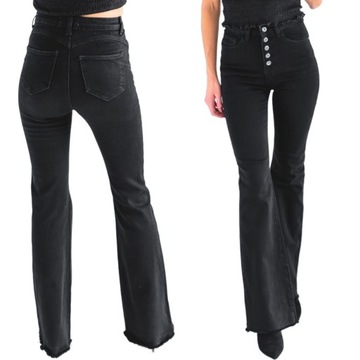 Czarne damskie spodnie dzwony jeans PUSH UP wysoki stan szeroka nogawka XL