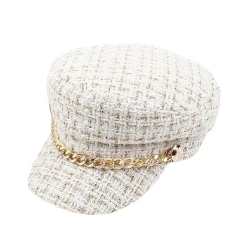 Damskie tweedowe czapki gazeciarskie w kratę Damski kapelusz chłopięcy Baker z płaskim daszkiem Beret biały