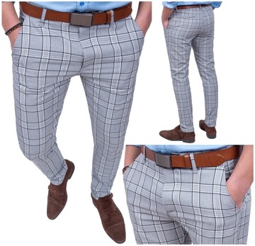 Spodnie męskie eleganckie jasne szare w krate - 32