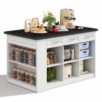 150+96cm White Kitchen Island w/ Extendable Table, Marble Top & Storage