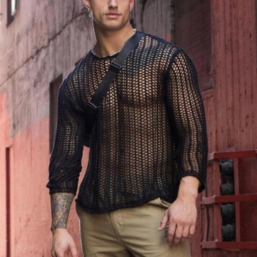 Men Mesh Top See Through Long Sleeves Round Neck H