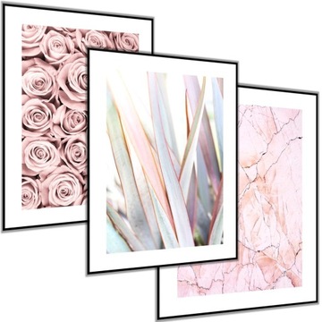 3 x PLAKAT OBRAZ 21X30 A4 MARMUR RÓŻOWY RÓŻE KWIATY TRAWA KOLOROWA