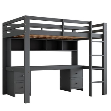 Детская кровать на чердаке, размеры 90*200 см, с серым столом.