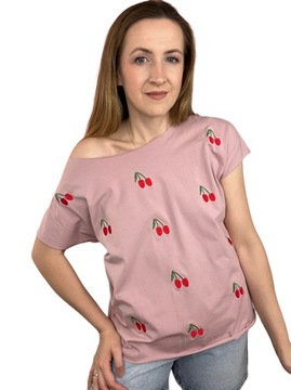 Luźna koszulka t-shirt haftowane wisienki cherry laserowo cięta S M L Fancy