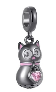 MD charms szary kot różowe serduszko gray cat S925