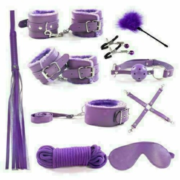 Zestaw 10szt gadżetów erotycznych BDSM dla początkujących w kolorze fioletowym walentynkowym