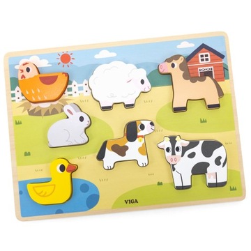 VIGA DREWNIANE PUZZLE UKŁADANKA MONTESSORI 2w1 FIGURKI FARMA ZWIERZĄTKA