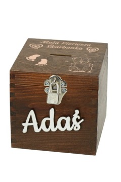 DREWNIANA skarbonka DZIECKO prezent XXL ORZECH