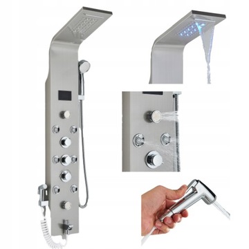 Panel Prysznicowy Srebrny LED Z Hydromasażem Deszczownicą Wodospad Bidet