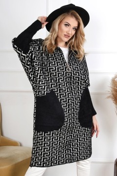 PŁASZCZ DAMSKI MODNY WYGODNY ALPAKA WZORY PLUS SIZE CZARNO-BIAŁY 2106