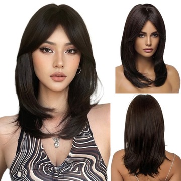 Peruka Damska Peruki Ciemny Brąz Włosy Półdługie 45cm + Wig Cap
