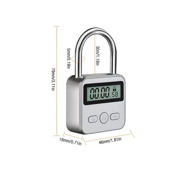 Навесной замок с таймером, зарядка через USB, макс. 99 часов, ЖК-дисплей, серебристый