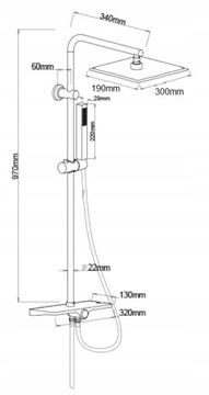 Deszczownica czarna 30x19 z półką CLICK ON + bateria prysznicowa HANSGROHE