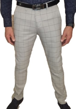 Spodnie męskie eleganckie szare w kratkę, rozmiar 34