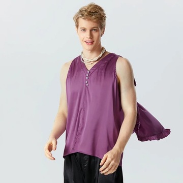 2024 Men Irregular Tank Tops Ruffle V Neck Sleevel