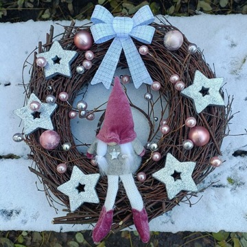 РОЖДЕСТВЕНСКИЙ ВЕНОК НАТУРАЛЬНАЯ БЕРЕЗА, РОЖДЕСТВЕНСКИЙ КРЕМ, РОЗОВЫЙ, СЕРЕБРЯНЫЙ