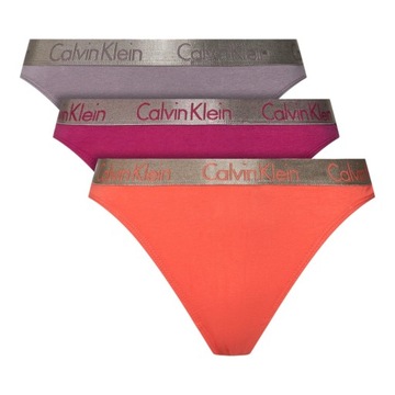 CALVIN KLEIN STRINGI DAMSKIE MAJTKI THONG 3PK FIOLETOWE/FUKSJA/KORALOWE S