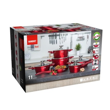 БАНКЕТНЫЕ ГОРШКИ Металлик КРАСНЫЕ набор кастрюль из 11 шт.