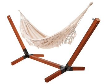 HAMAK BEŻOWY ZE STELAŻEM 220x150CM DREWNIANY BOHO DO OGRODU ***OKAZJA***