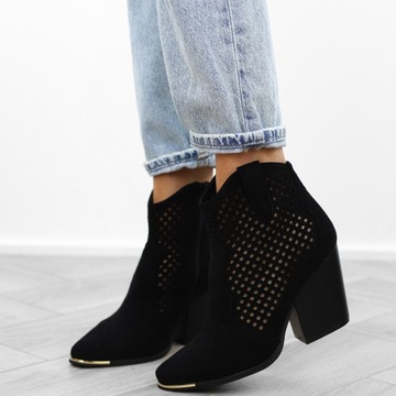 Черные женские ажурные весенние ковбойские сапоги на каблуке А5620, размер 41