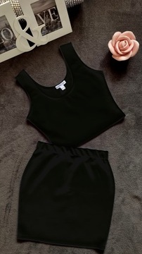 KOMPLET JEANS Krótka BLUZKA TOP na Szelkach + SPÓDNICZKA MINI na GUMCE M/L