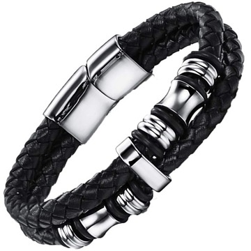CZARNA SKÓRZANA BRANSOLETKA MĘSKA ELEGANCKA STAL